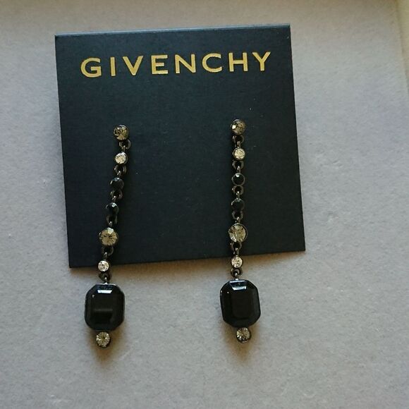 Givenchy Black Metal Clear Rhinestones Dangle Pierced Earrings - Picture 1 of 5